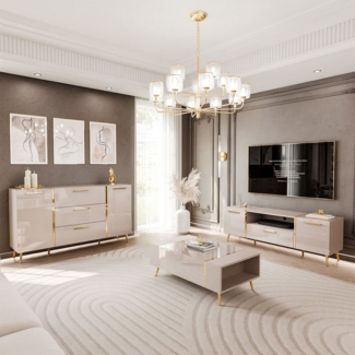 ALLHOUSE24 Wohnzimmer-Set DIAMANT Kaschmir Hochglanz GOLD Metallfüßen Wohnzimmer Möbel SET, Das Set besteht aus: Kommode, TV Schrank, Couchtisch