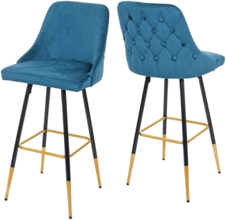 2er-Set Barhocker HWC-E70, Barstuhl Tresenhocker, Retro Design Samt goldene Streben/Füße ~ petrol