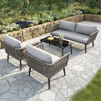 Flieks Gartenlounge-Set, 4-Sitzer Seil Gartenmöbel, Doppelsofa 2 Sessel & Tisch mit Glasplatte