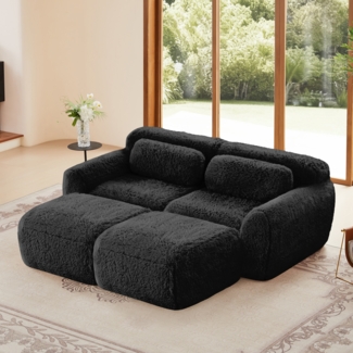 Modulares Cloud Sofa Plüsch, boneless Design,32D Schaumstoff,flexibel U/L-Form, mit 2 Ottoman,kein Aufbau,ultra weich,Schwarz