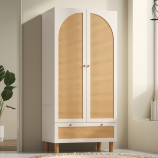 Merax 180cm Kleiderschrank Garderobenschrank mit 2 Türen & Rattan, Landhausstil Weiß mit großer Schublade, höhenverstellbaren Regalen & Kleiderstange, Inkl. Kippsicherung