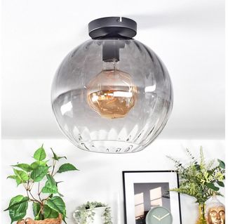 hofstein Deckenleuchte Deckenlampe aus Metall/Riffelglas in Schwarz/Rauchfarben/Klar, Deckenleuchte im modernen Vintage-Design (Schirm Ø 30 cm), 1 x E27