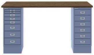 MultiDesk, 1 MultiDrawer mit 6 Schüben, 1 MultiDrawer mit 8 Schüben, Dekor Nussbaum, Farbe Blau, Maße: H 740 x B 1400 x T 600 mm