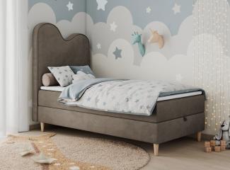 Kinderbett FLOW, Boxspringbett für Kinder, mit hohem Kopfteil, Einzelbett mit Matratze - 90x160 - Braun Velours - Topper Visco