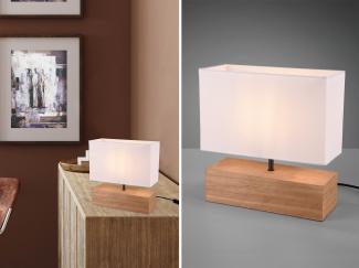 LED Tischleuchte Holzfuß mit Stoffschirm in Weiß, Höhe 30cm