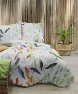 Fleuresse Halbleinen Bettwäsche 200x200 Blätter natur grün orange Wende 344499-9
