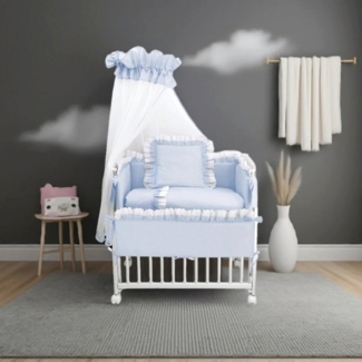 Babyhafen Beistellbett BABY Komplettbett Royal BLAU, Spitze-Weiß Stubenbett Hochwertig, Massivholz, höhenverstellbar, 10 tlg.