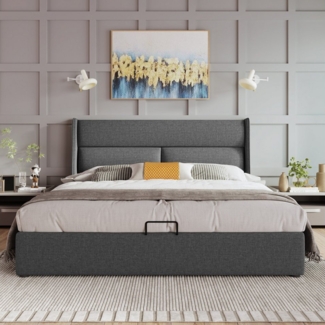MODFU Polsterbett Metall und Leinenstoff in Grau, Lattenrost integriert, (223x162x111 cm,Ohne Matratze, mit Hydrauliksystem), mit verstellbarer Kopfstütze