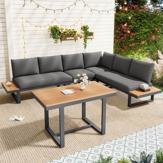 Celya Gartenlounge-Set Gartenlounges, Gartenmöbel Set 6 Personen, Eckstellung, (verzinktes Stahlrohr, Tischplatte Kunststoff-Holz, mit Esstisch), Eckstellung, mit verstellbarer Neigungsfunktion (5-stufig, bis 55)