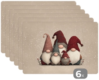 MuchoWow Platzset Wichtel - Weihnachten - Schnee - Zipfelmützen, (6-St), Platzsets, Tischset, Abwaschbar, Tischsets, Platzdeckchen