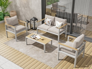 MeXo Gartenlounge-Set Gartenmöbel Set Aluminium, (Garten Sitzgruppe für 4 Personen, 4-tlg, Belastbarkeit pro Sitzplatz 140kg), wetterfest, abnehmbare Kissen, Polywood-Tischplatte