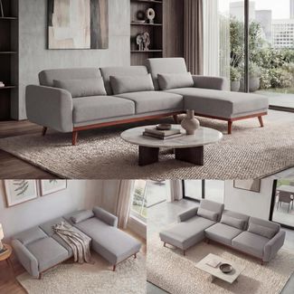 Sofa HWC-J20, Couch Ecksofa, L-Form 3-Sitzer Liegefläche Schlaffunktion Stoff/Textil 280cm ~ grau