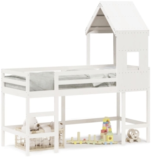 vidaXL Hochbett mit Leiter und Dach Weiß 90x200 cm Massivholz Kiefer 3282031