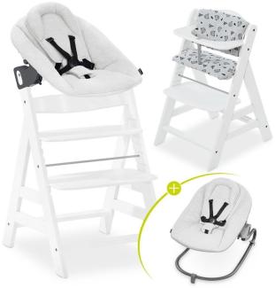 Hauck Hochstuhl Alpha Plus White - Newborn Set Light Grey, Holz Babystuhl ab Geburt inkl. Aufsatz für Neugeborene & Sitzauflage