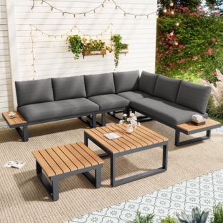 Merax Gartenlounge-Set 6-Sitzer Gartenmöbel 2 Tisch, Ecksofa mit 5-stufig-Neigungsfunktion, grau