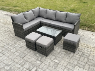 Fimous Gartenmöbel-Set aus Rattan mit Rechteckiger Couchtisch 3 Kleine Hockern Dunkelgrau gemischt
