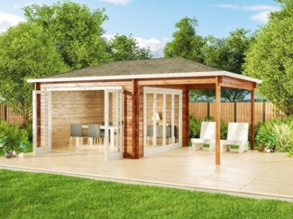 Alpholz Gartenhaus Sunshine ISO mit Schleppdach Gartenhaus aus Holz Holzhaus mit 40 mm Wandstärke inklusive Terrasse Blockbohlenhaus mit Montagematerial
