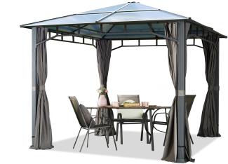 Gartenpavillon 3x3 m wasserdicht ALU DELUXE Polycarbonat Dach 8mm Pavillon 4 Seitenteile Partyzelt grau 9x9 cm Profil