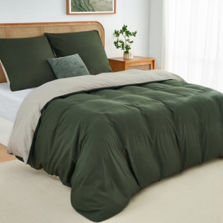 Topfinel Bettwäsche 135x200cm, Seersucker Bettwäsche-Sets, bügelfrei, allergiker, kühlende, 100% Mikrofaser, 3 teilig, 3-tlg. Olivgrün/Beige:1 Btz. 200x200+2 Ktz. 80x80, m. Reißvers.