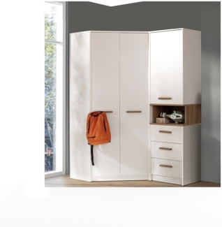 Marmex Möbel Grant 15N Ein modernes Schlafzimmer-Set, Jugendzimmer-Set, Eckkleiderschrank und Bücherregal, laminierte Spanplatte, weiß+riviera Eiche, 143x195x91 cm