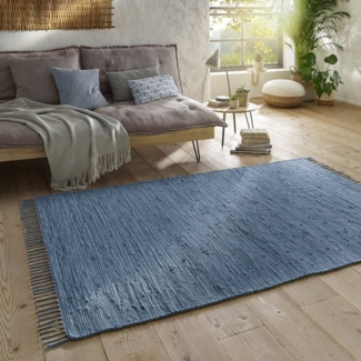 TaraCarpet Teppich Flickenteppich TaraCarpet Sylt mit Fransen, rechteckig, Höhe: 5 mm, Wohnzimmer Schlafzimmer Küchenteppich nachhaltig blau 120x180