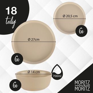 Moritz & Moritz Tafelservice NORDIC 18tlg Geschirrset Taupe (18-tlg), 6 Personen, Steinzeug, Kombigeschirr für 6 Personen