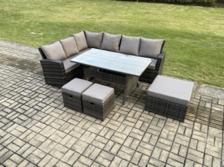Fimous 9 Sitzer Garten Rattanmöbel Set mit 3 Fußhockern Dunkelgrau gemischt