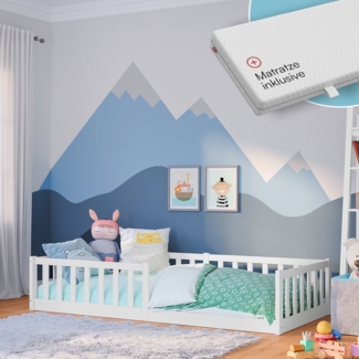 Bellabino 'Vere' Bodenbett 90x200 cm mit Matratze, weiß, Massivholz Kiefer, Montessori Kinderbett mit Rausfallschutz und Lattenrost