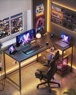 VASAGLE Schreibtisch Eckschreibtisch in L-Form, Computertisch mit Stauraum, Bürotisch, höhenverstellbare Ablage, für Homeoffice, 110/120 cm