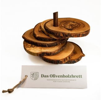 dasOlivenholzbrett Getränkeuntersetzer 6er Set Untersetzer aus Olivenholz, rund und mit Rindenrand auf Stift