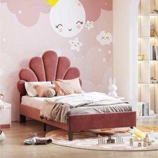 REDOM Einzelbett 90 x 200 cm Kinderbett Gästebett Polsterbett (mit Kopfteil in Blumenform und Lattenrost, hautfreundlichem Samtstoff), Ohne Matratze