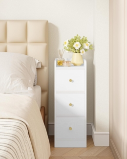 Nachttisch Schmal, 2er Set, Beistelltisch mit 3 Schubladen, Nachttische mit Offenem Fach, fr Schmale R?ume Schlafzimmer, Wohnzimmer, 30 x 24 x 60 cm Wei? mit Holzmaserung