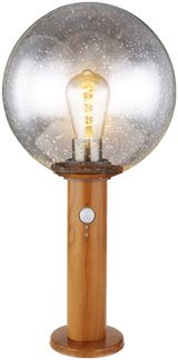 LED Sockellampe, Glaskugel, Holzoptik, Bewegungsmelder, H 38 cm