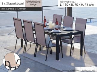 Gartenmöbel Set Alu Tisch 7-tlg. 6x Stapelsessel Essgruppe Gartenset beige Sitzgruppe
