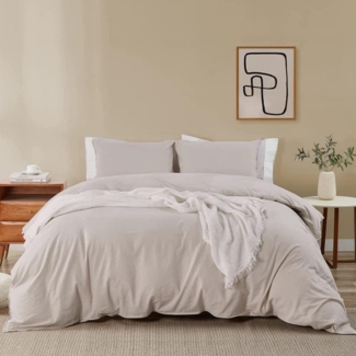 Soifox Bettwäsche 220x240 Beige Mikrofaser bügelfrei 2 tlg. Set