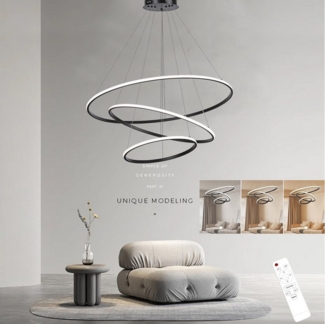 OYLCDI Pendelleuchte LED Hängelampe Esstisch,LED Hängeleuchte Pendellampe Wohnzimmer, LED fest integriert, 65W, Lest integriert,Kreative 3 Ringe mit Strahler Deckenleuchte,Stufenlos dimmbare, Kaltes Weiß, Warmes Weiß, Neutrales Weiß, Höhenverstellbar,D...