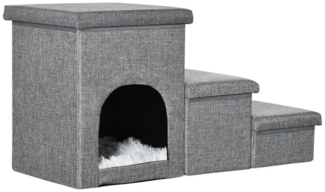 PawHut Haustiertreppe 3 Stufige Katzentreppe Hundetreppe mit Höhle (Haustierleiter, 1-St, Tiertreppe), Leinen, Hellgrau 73,5 x 33 x 40,5 cm