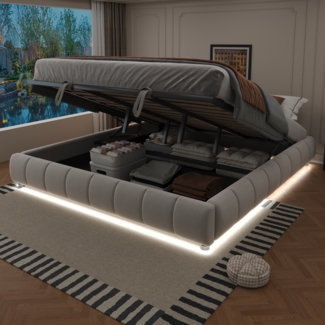 Merax Polsterbett Doppelbett 180 x 200 cm, ohne Kopfteil, mit LED-Lichtleiste (einfarbig), Hydraulischer Schwebebettrahmen mit Stauraum, Beige