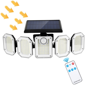 BlingBin LED Außen-Wandleuchte Solarlampen für Außen mit Bewegungsmelder, 500 LED, IP65, 500 leistungsstarken LEDs,5-Kopf-Solarstrahler,3 Modi, LED, Tageslichtweiß, Breitere, Flexible Abdeckung,Intelligente Bewegungserkennung