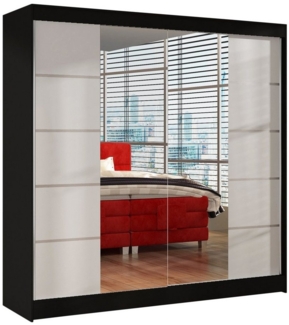 Schwebetürenschrank Basti V 200 cm mit Spiegel - Kleiderschrank mit 2 Türen, Kleiderstange und Einlegeboden, Schlafzimmerschrank, Schiebetürenschrank 200x215x58 cm (Schwarz/Weiß)