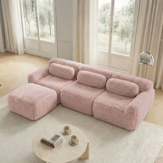 Ecksofa mit großzügiger Sitzfläche, Plüschstoff in Pink, modulares L‑Sofa, rahmenloses Cloud‑Design, keine Montage,291*179*73 cm