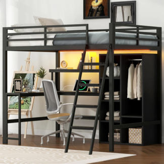 Hochbett mit Schreibtisch, LED-Streifen, Lattenrost, Regal, Kleiderstange, Rausfallschutz und Steckdosenleiste, 140x200 cm, Kinderbett, Metallbett