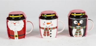 BURI Tasse Kaffeebecher aus Porzellan mit Weihnachtsmotiven & Deckel Tasse, Porzellan