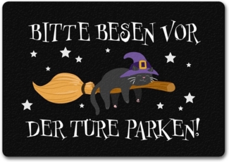 speecheese Fußmatte Hexen Katze auf Besen Fußmatte in 35x50 cm ohne Rand Bitte vor der