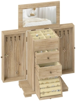 BlingBin Schmuckkasten Schmuckaufbewahrung, Holz Schmuckbox Organizers mit Spiegel (1er Set, 1 St, 26,5cm x 16cm x 33,5cm), 4-lagige Schmuck-Organizer-Box für Ringe, Ohrringe, Halsketten
