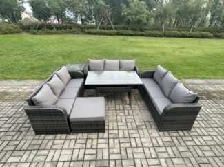 Fimous Rattan Gartenmöbel-Set mit Langer rechteckiger Esstisch Großer Fußhocker Beistelltisch 10 Sitzer Outdoor Garten Sofa Set Dunkelgrau gemischt