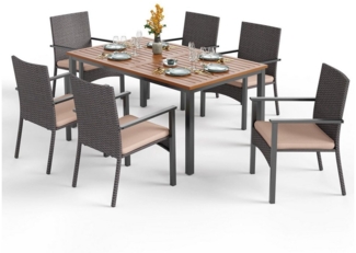 PHI VILLA Garten-Essgruppe, (für 6 Personen Balkonmöbel, Wetterfest Metall Teak Gartentisch und Rattanstühle), 7-teiliges Gartenmöbel Set