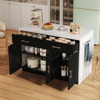 Merax Kücheninsel, mit Steckdosen, USB-Anschlüsse, 1,5m langes Netzkabel, mit verstellbare Einlegeböden, Metallgriffe, Handtuchhalter, schwarz
