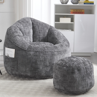 LVHOM Klassischer Sitzsack mit Hocker, Bean Bag mit Sitzpuff, Chenille Kuschelstuhl Sitzsäcke, 89 x 88 x 76 cm