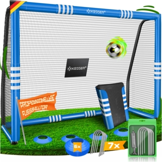 KESSER® Fußballtor für Garten robustes Outdoor Training Schusstraining UV-beständigem Netz, Stahlrahmen mit Polsterung, Erdhaken, Luftpumpe, Hüttchen, Montagezubehör für Kinder und Erwachsene Blau, 240cm, Ohne Torwand